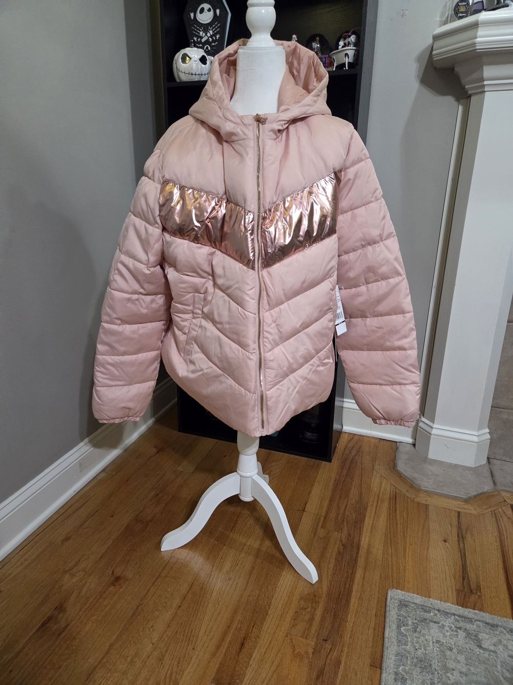 Pink Platinum Blush Pink Hooded Puffer with Rose Metallic Chevron